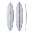 NSP 2026 Volume Midlength Surfboard, weiß, drei Ansichten: oben, unten und Seitenprofil