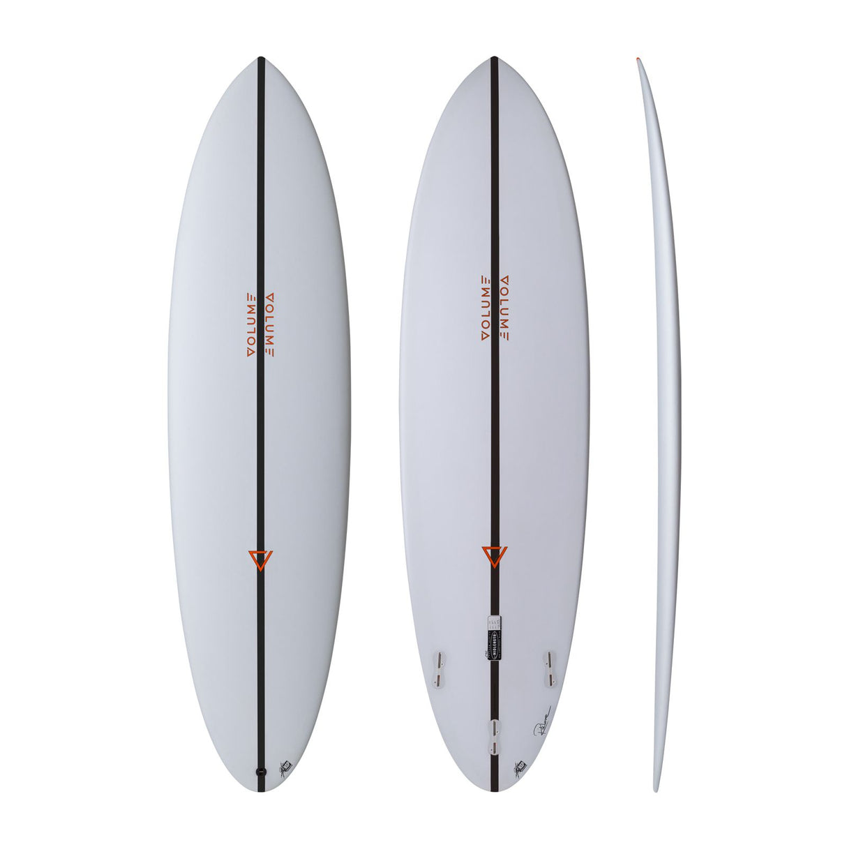 NSP 2026 Volume Midlength Surfboard, weiß, drei Ansichten: oben, unten und Seitenprofil
