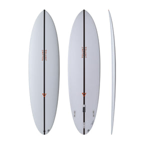 NSP 2026 Volume Midlength Surfboard, weiß, drei Ansichten: oben, unten und Seitenprofil
