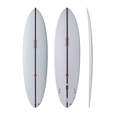 NSP 2026 Volume Midlength Surfboard, weiß, drei Ansichten: oben, unten und Seitenprofil
