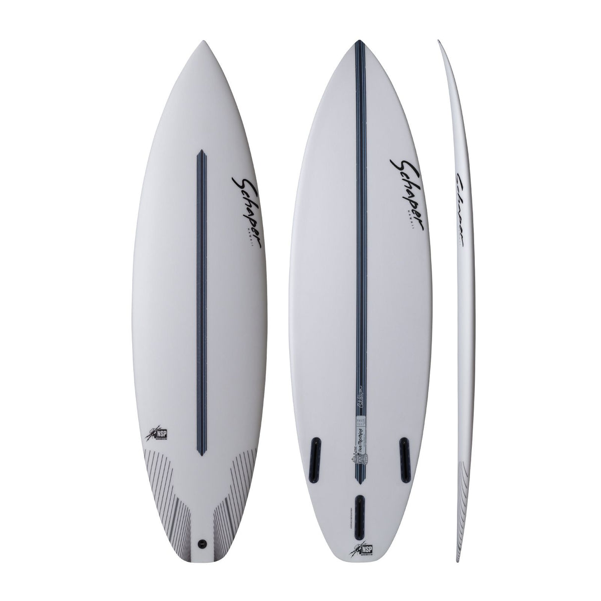 NSP 2026 Slot Machine Surfboard, weiß, drei Ansichten, Draufsicht und Seitenansicht