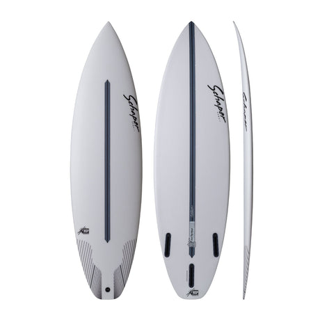 NSP 2026 Slot Machine Surfboard, weiß, drei Ansichten, Draufsicht und Seitenansicht