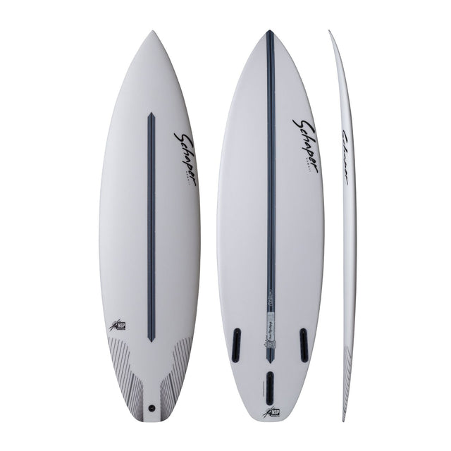 NSP 2026 Slot Machine Surfboard, weiß, drei Ansichten, Draufsicht und Seitenansicht