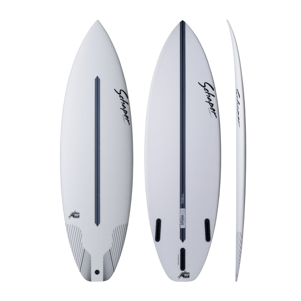 NSP 2026 Pit Cruiser Surfboard in Weiß, Draufsicht und Seitenansicht, kompakte Shape mit schwarzem Streifen