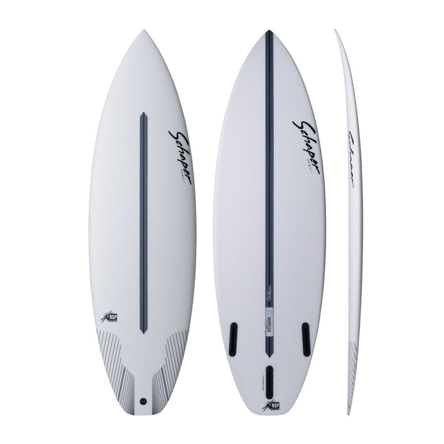 NSP 2026 Pit Cruiser Surfboard in Weiß, Draufsicht und Seitenansicht, kompakte Shape mit schwarzem Streifen