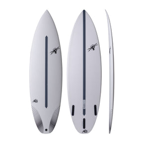 NSP 2026 Chopstix Surfboard in Weiß, drei Ansichten von oben, unten und Seite
