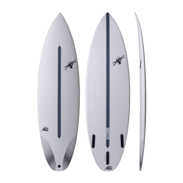 NSP 2026 Chopstix Surfboard in Weiß, drei Ansichten von oben, unten und Seite
