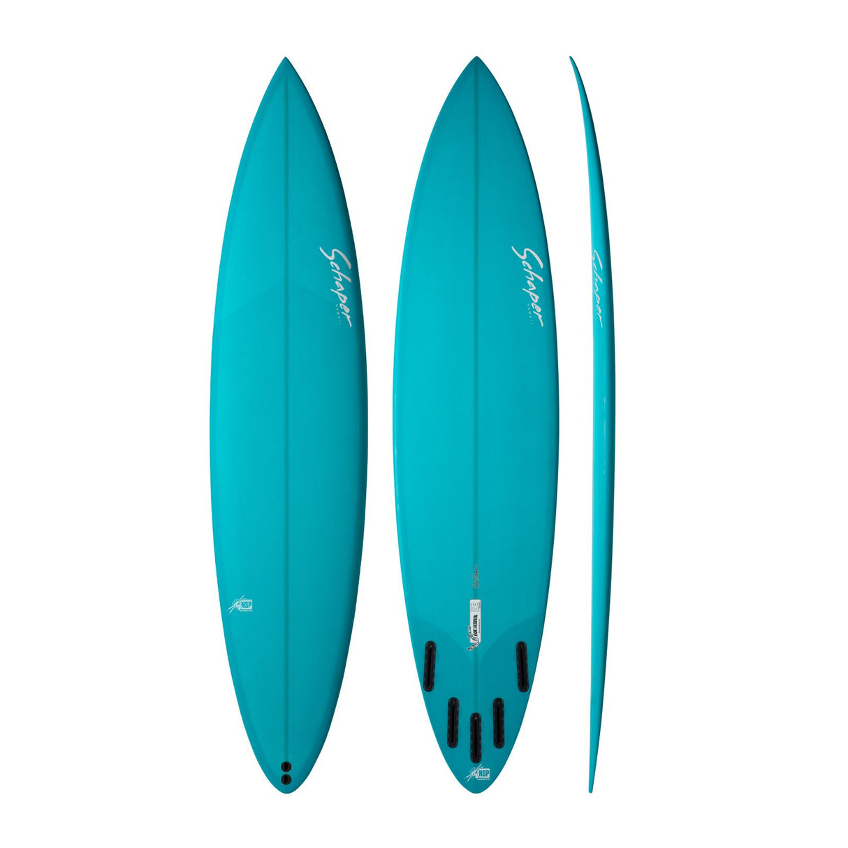 NSP 2026 Equalizer Surfboard in Türkis, Draufsicht und Seitenansicht mit schwarzen Finnen