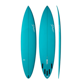 NSP 2026 Equalizer Surfboard in Türkis, Draufsicht und Seitenansicht mit schwarzen Finnen