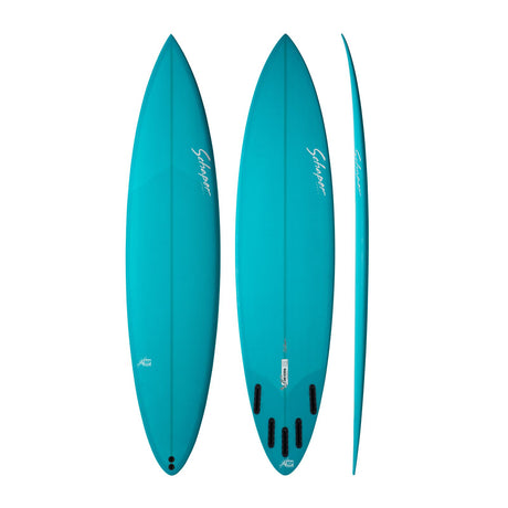 NSP 2026 Equalizer Surfboard in Türkis, Draufsicht und Seitenansicht mit schwarzen Finnen