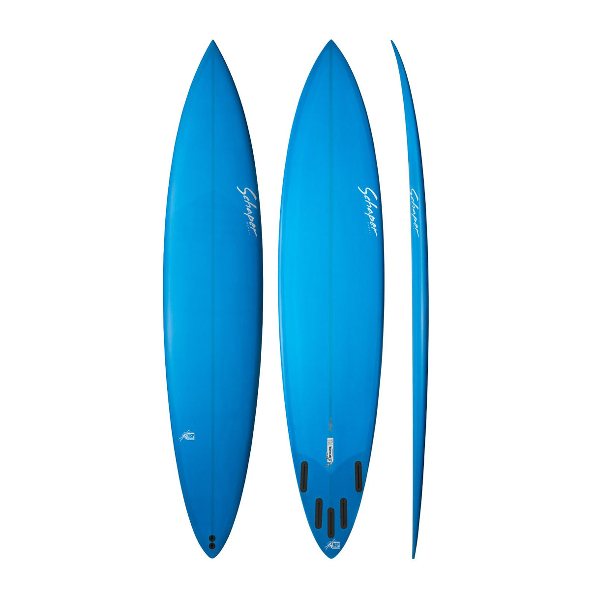 NSP 2026 Equalizer Surfboard in Blau, Draufsicht und Seitenansicht, Performance-Shape mit modernem Design