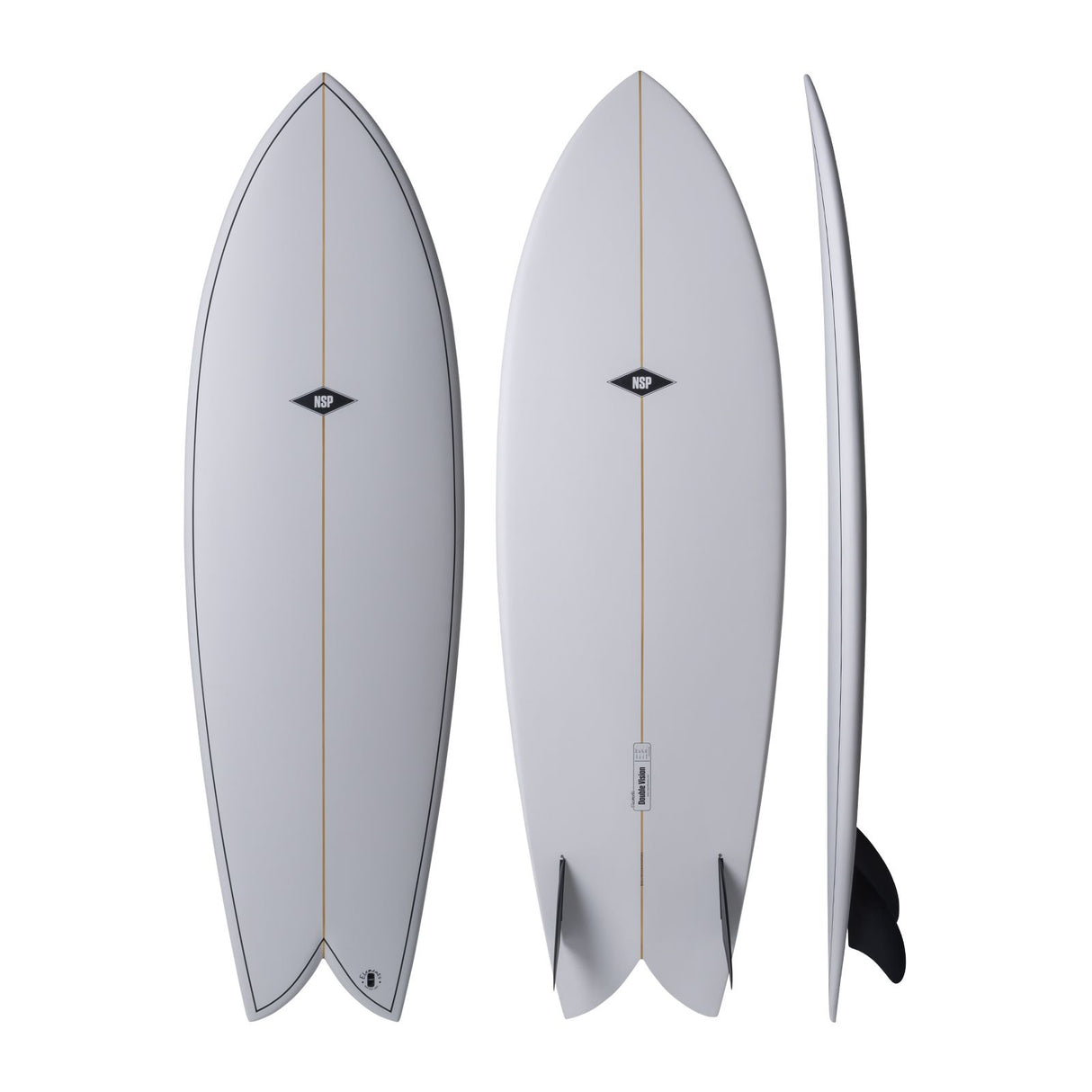 NSP 2026 Double Vision Surfboard, grau, drei Ansichten von oben, vorne und Seite