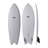 NSP 2026 Double Vision Surfboard, grau, drei Ansichten von oben, vorne und Seite