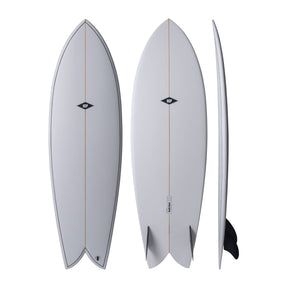 NSP 2026 Double Vision Surfboard, grau, drei Ansichten von oben, vorne und Seite