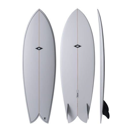 NSP 2026 Double Vision Surfboard, grau, drei Ansichten von oben, vorne und Seite