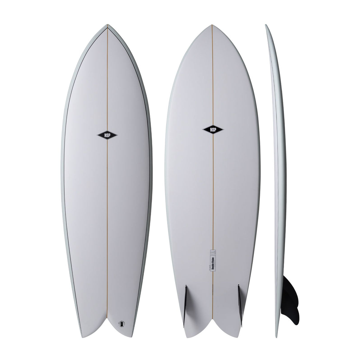 NSP 2026 Double Vision Surfboard, grau, drei Ansichten von oben und Seite