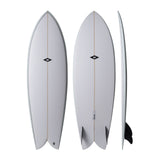NSP 2026 Double Vision Surfboard, grau, drei Ansichten von oben und Seite