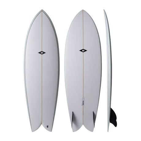 NSP 2026 Double Vision Surfboard, grau, drei Ansichten von oben und Seite