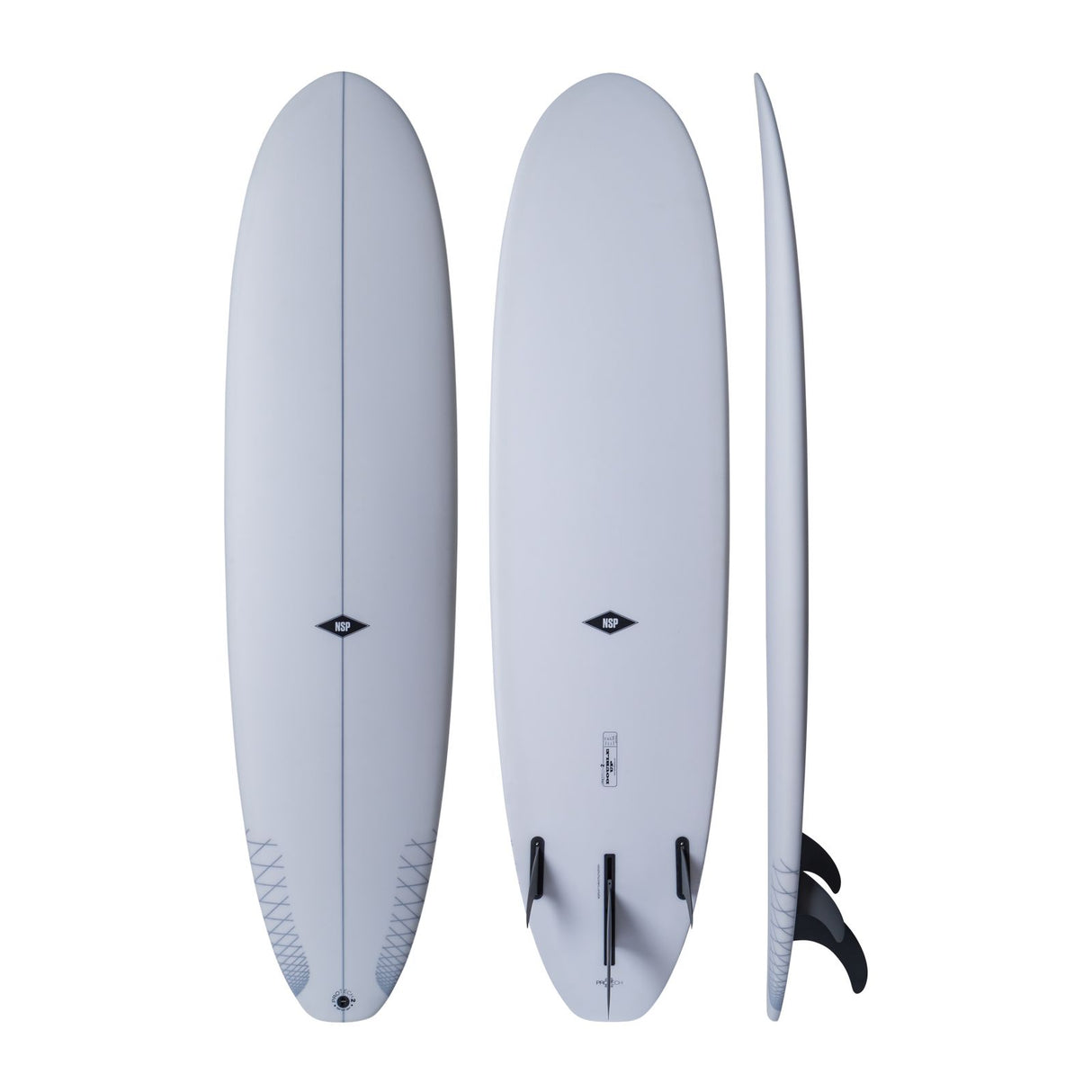 NSP 2026 Double Up Surfboard hellblau, Draufsicht und Seitenansicht mit Finnen