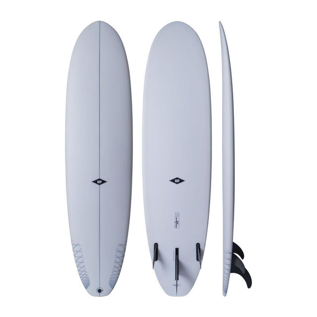 NSP 2026 Double Up Surfboard hellblau, Draufsicht und Seitenansicht mit Finnen