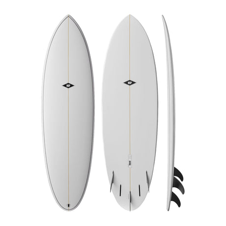 NSP 2026 Hybrid Surfboard weiß, drei Ansichten von vorne, hinten und Seite
