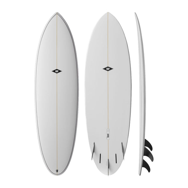 NSP 2026 Hybrid Surfboard weiß, drei Ansichten von vorne, hinten und Seite