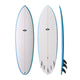 NSP 2026 Hybrid Surfboard, weiß mit blauer Kante, drei Ansichten: oben, unten und Seitenprofil