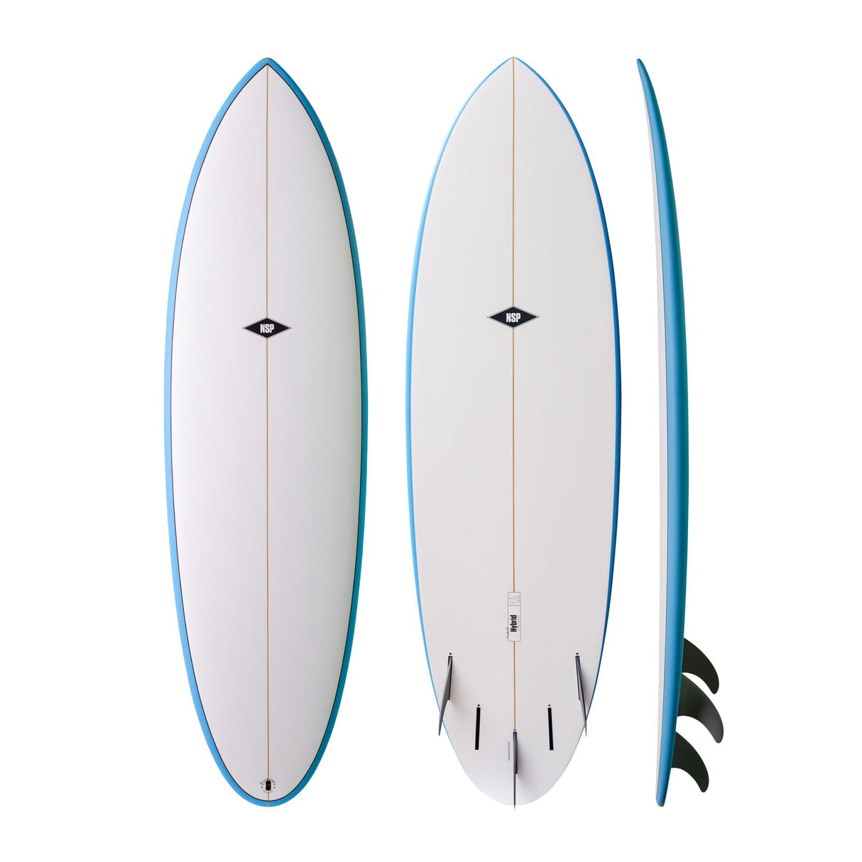 NSP 2026 Hybrid Surfboard, weiß mit blauer Kante, drei Ansichten: oben, unten und Seitenprofil