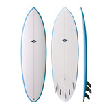 NSP 2026 Hybrid Surfboard, weiß mit blauer Kante, drei Ansichten: oben, unten und Seitenprofil