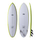 NSP 2026 Hybrid Surfboard weiß mit neongelber Kante, Draufsicht und Seitenansicht