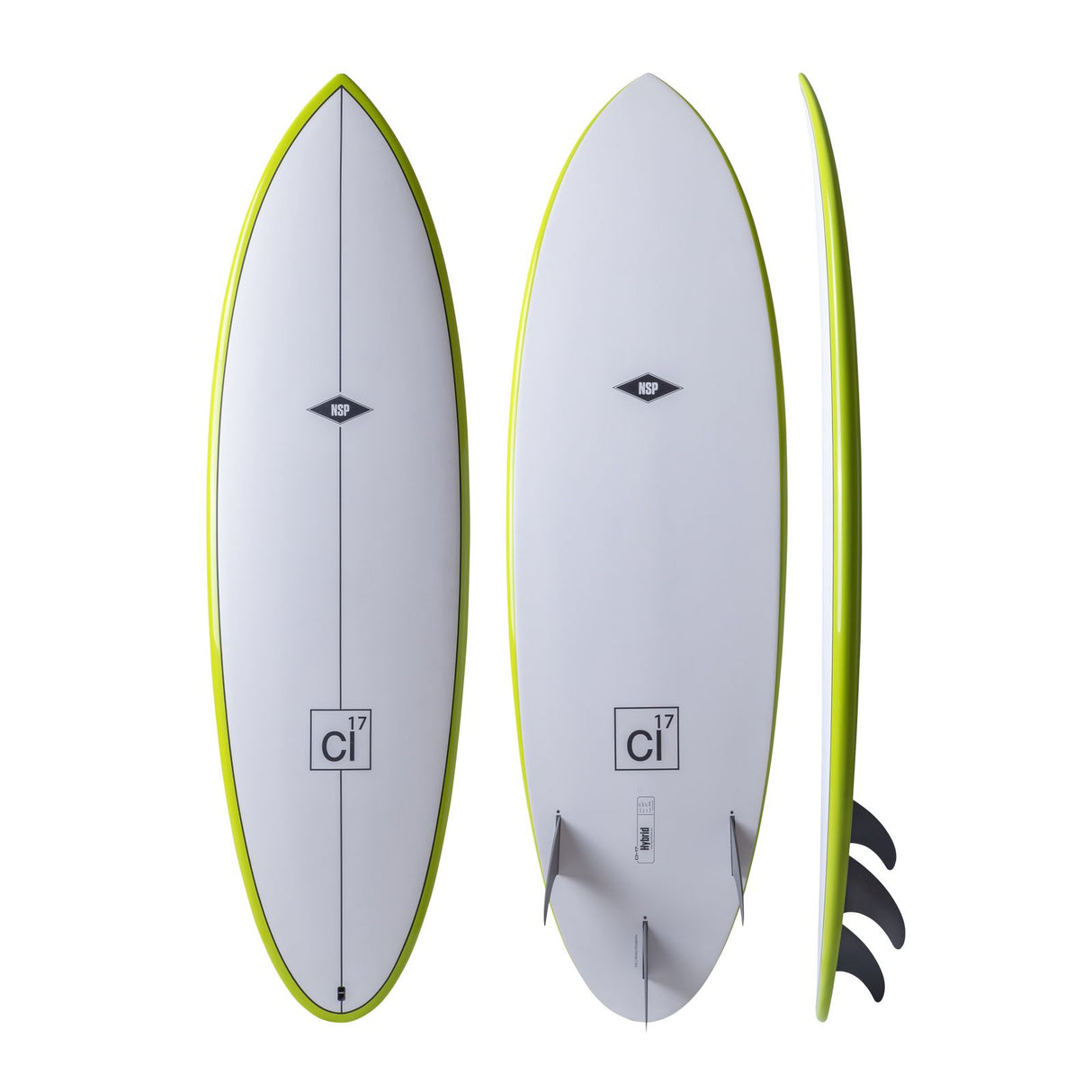 NSP 2026 Hybrid Surfboard weiß mit neongelber Kante, Draufsicht und Seitenansicht