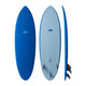 NSP 2026 Hybrid Surfboard in Blau und Hellblau, Draufsicht und Seitenansicht mit Finnen