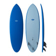 NSP 2026 Hybrid Surfboard in Blau und Hellblau, Draufsicht und Seitenansicht mit Finnen