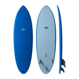 NSP 2026 Hybrid Surfboard in Blau und Hellblau, Draufsicht und Seitenansicht mit Finnen