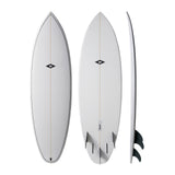 NSP 2026 Tinder-D8 Surfboard weiß, drei Ansichten: oben, unten und Seitenprofil