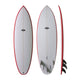 NSP 2026 Tinder-D8 Surfboard mit roter Kante, weiße Oberseite, drei Ansichten von oben und Seite