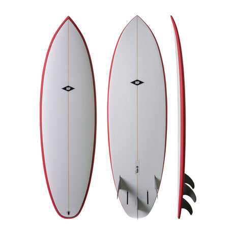 NSP 2026 Tinder-D8 Surfboard mit roter Kante, weiße Oberseite, drei Ansichten von oben und Seite