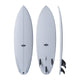 NSP 2026 Tinder-D8 Surfboard hellblau, drei Ansichten mit schwarzen Finnen