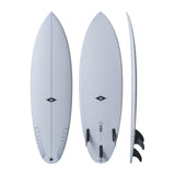 NSP 2026 Tinder-D8 Surfboard hellblau, drei Ansichten mit schwarzen Finnen