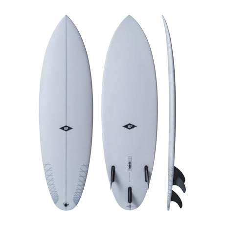 NSP 2026 Tinder-D8 Surfboard hellblau, drei Ansichten mit schwarzen Finnen