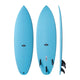 NSP 2026 Tinder-D8 Surfboard in hellem Blau, dreifache Ansicht von oben, Seite und Boden mit schwarzen Finnen