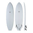 NSP 2026 Fish Surfboard weiß, drei Ansichten von vorne, hinten und Seite