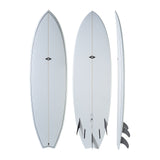 NSP 2026 Fish Surfboard weiß, drei Ansichten von vorne, hinten und Seite