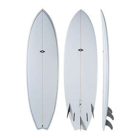 NSP 2026 Fish Surfboard weiß, drei Ansichten von vorne, hinten und Seite