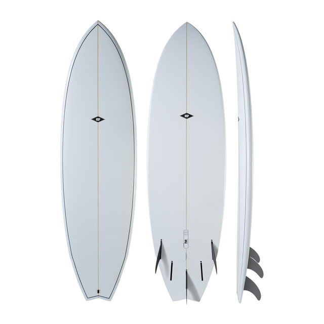 NSP 2026 Fish Surfboard weiß, drei Ansichten von vorne, hinten und Seite
