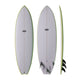 NSP 2026 Fish Surfboard, grau mit grüner Kante, drei Ansichten von oben, unten und Seitenprofil