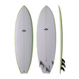 NSP 2026 Fish Surfboard, grau mit grüner Kante, drei Ansichten von oben, unten und Seitenprofil