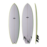 NSP 2026 Fish Surfboard, grau mit grüner Kante, drei Ansichten von oben, unten und Seitenprofil
