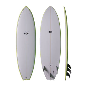 NSP 2026 Fish Surfboard, grau mit grüner Kante, drei Ansichten von oben, unten und Seitenprofil