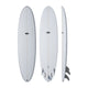 NSP 2026 Fun Surfboard in Weiß, drei Ansichten von vorne, Draufsicht und Seite, mit Finnen